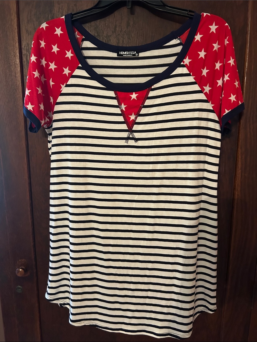 HEIMISH USA Women’s Red & White Striped Raglan Tee